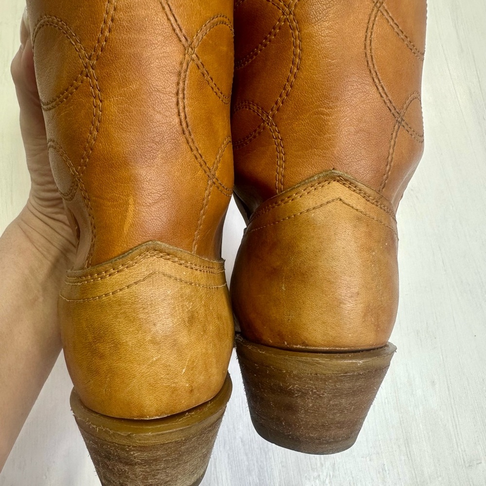 Vintage Acme Cowboy Boots Tan Leather USA Women 9.5C Narrow Western Tall - Picture 7 of 16